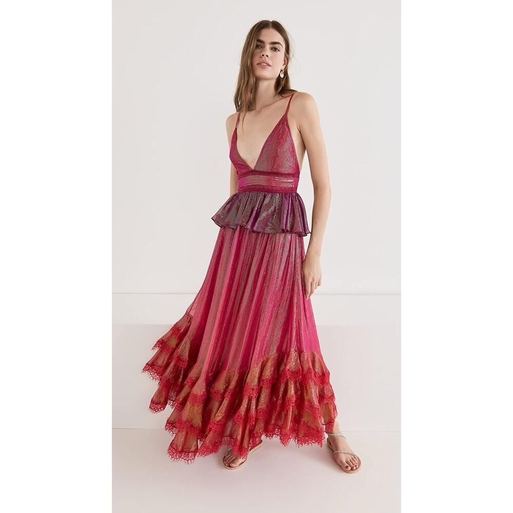 Rococo Sand Shimmery Red Metallic V-Neck Tiered Maxi Dress - Picture 6 of 8